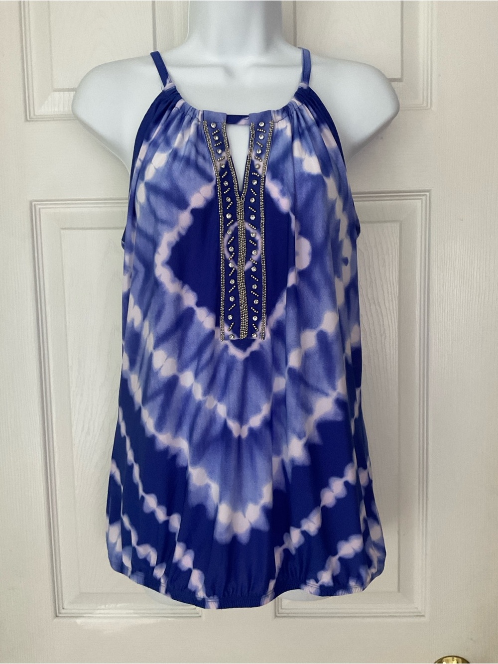 Sleeveless Purple Tie-Dye Halter Top with Embellished